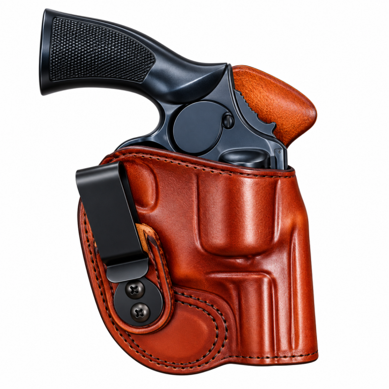 Brown leather IWB revolver holster with black metal belt clip and molded design
