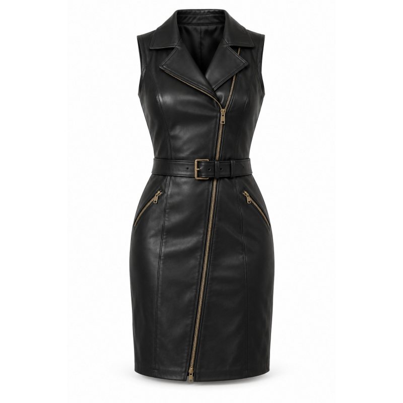 Vestido de piel estilo motero con cinturón - Frontal completo, cremallera diagonal y cinturón