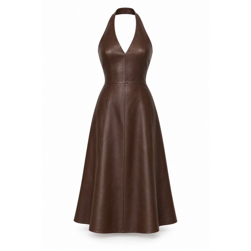 Vestido midi de piel con cuello halter a medida - Frontal completo, escote en V y falda midi acampanada