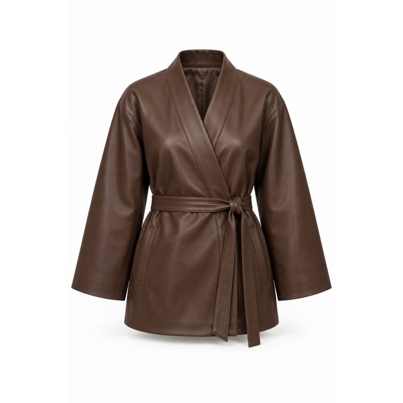 Chaqueta kimono de piel a medida - Frontal cruzado completo y cinturón anudado