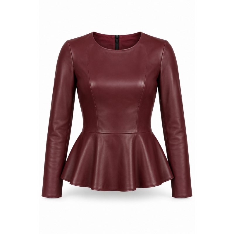 Blusa de piel a medida con volante peplum - Frontal completo y volante peplum