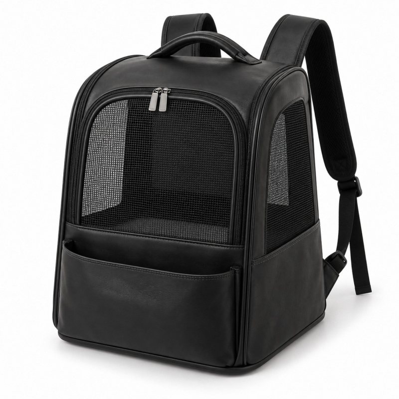 Mochila transportín de piel a medida - Puerta de malla y bolsillo inferior abierto