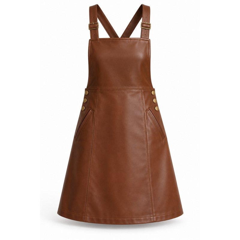 Vestido pichi de piel a medida - Frontal completo, peto y tirantes con hebillas