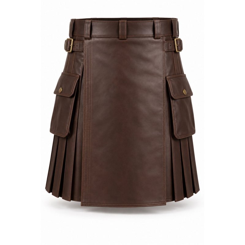 Kilt utilitario de piel a medida con bolsillos cargo - Frontal completo y dos bolsillos cargo