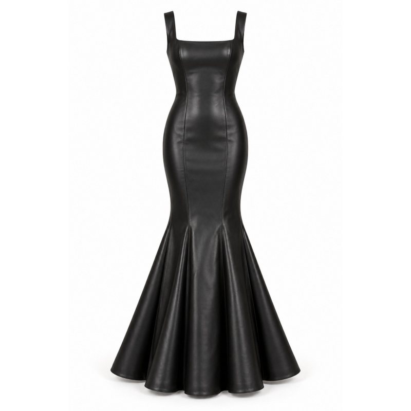 Vestido sirena de piel a medida con escote cuadrado - Frontal completo y bajo acampanado