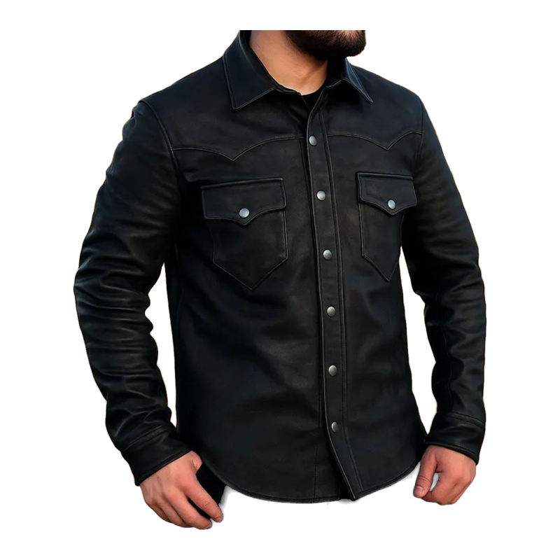 Camisa de motorista de cuero vacuno negro para hombre - Vista 6