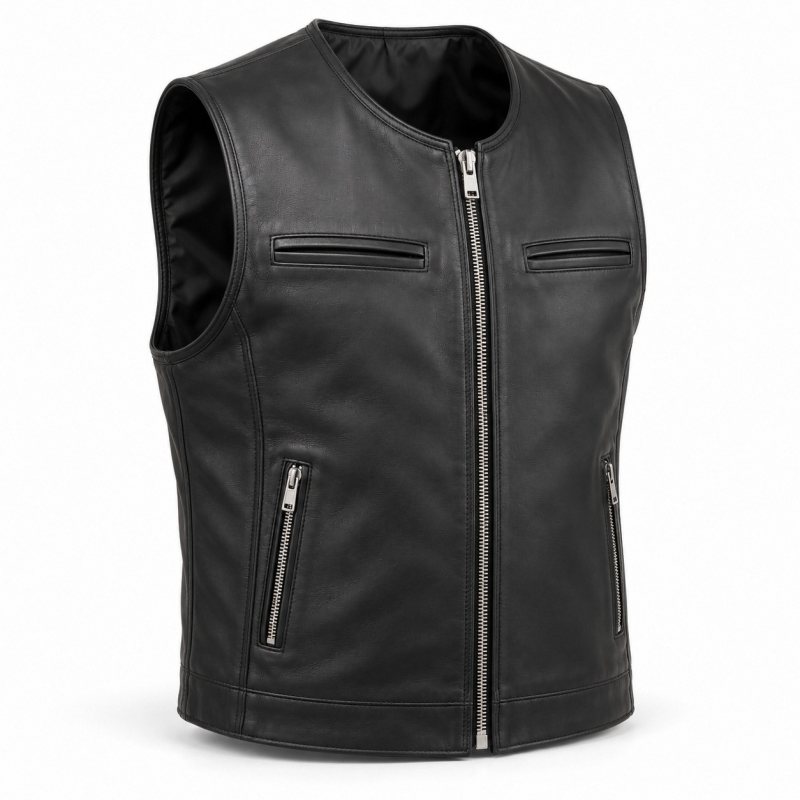 Chaleco de piel estilo club para hombre con bolsillos de porte oculto - Vista frontal completa