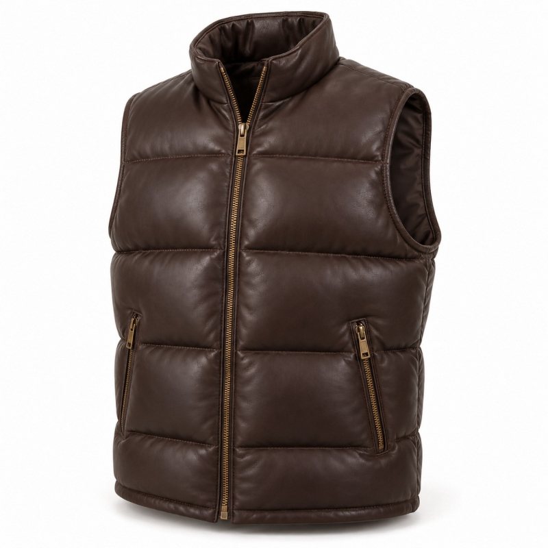 Chaleco de piel para hombre con relleno de plumón - Vista frontal completa