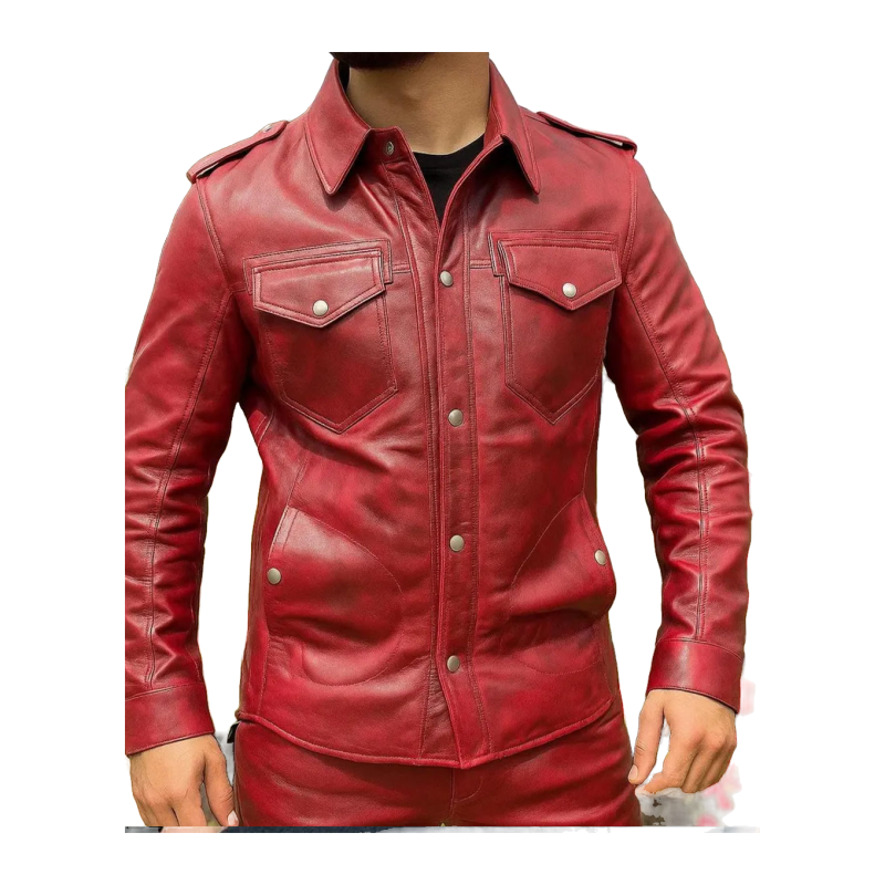 Camisa de motorista de cuero rojo envejecido para hombre - Vista 1