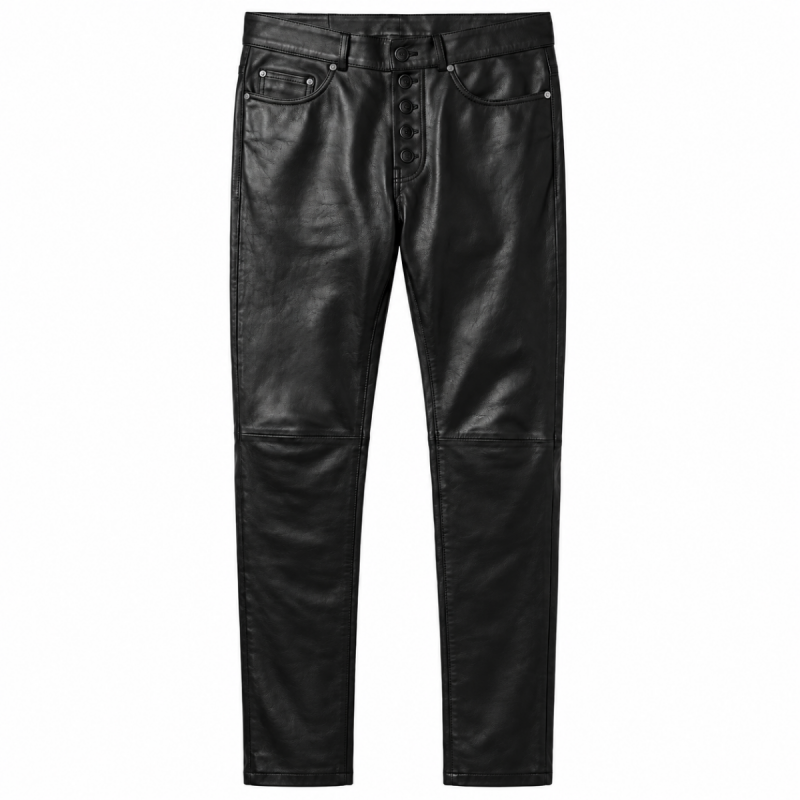 Pantalón motero de cuero negro con bragueta de botones para hombre - Vista 4