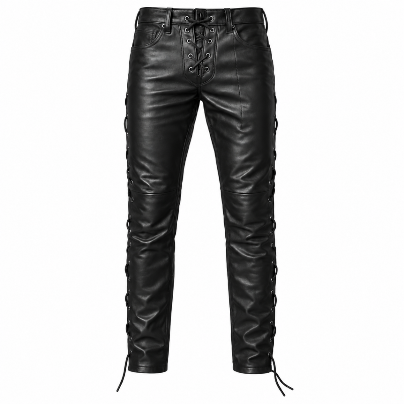 Pantalón motero gótico de cuero negro con cordones para hombre - Vista 8