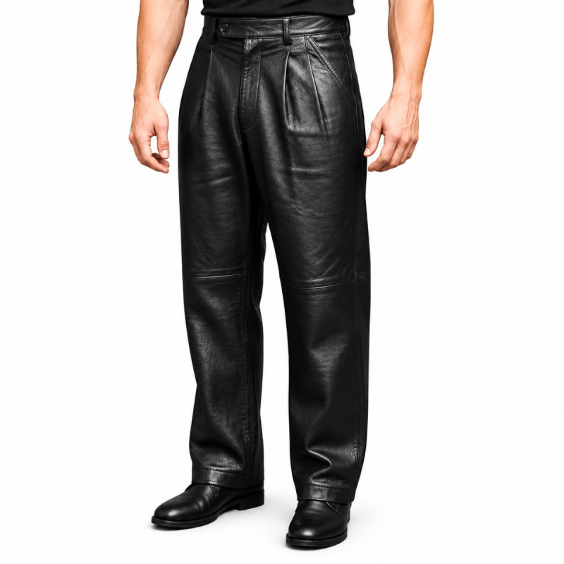 Pantalón de cuero negro vintage de talle alto con pinzas para hombre - Vista 6