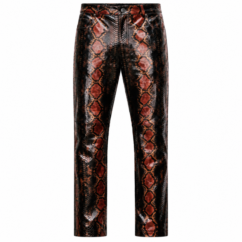 Pantalón motero de cuero con estampado de serpiente pitón marrón y negro para hombre - Vista 9