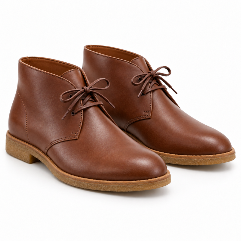 Pair of chestnut brown leather chukka boots with matching laces and tan soles on a white background.