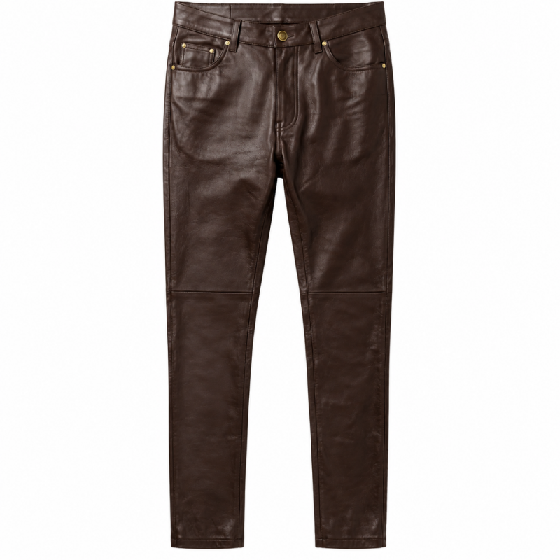 Pantalón motero de cuero marrón oscuro para hombre - Vista 5