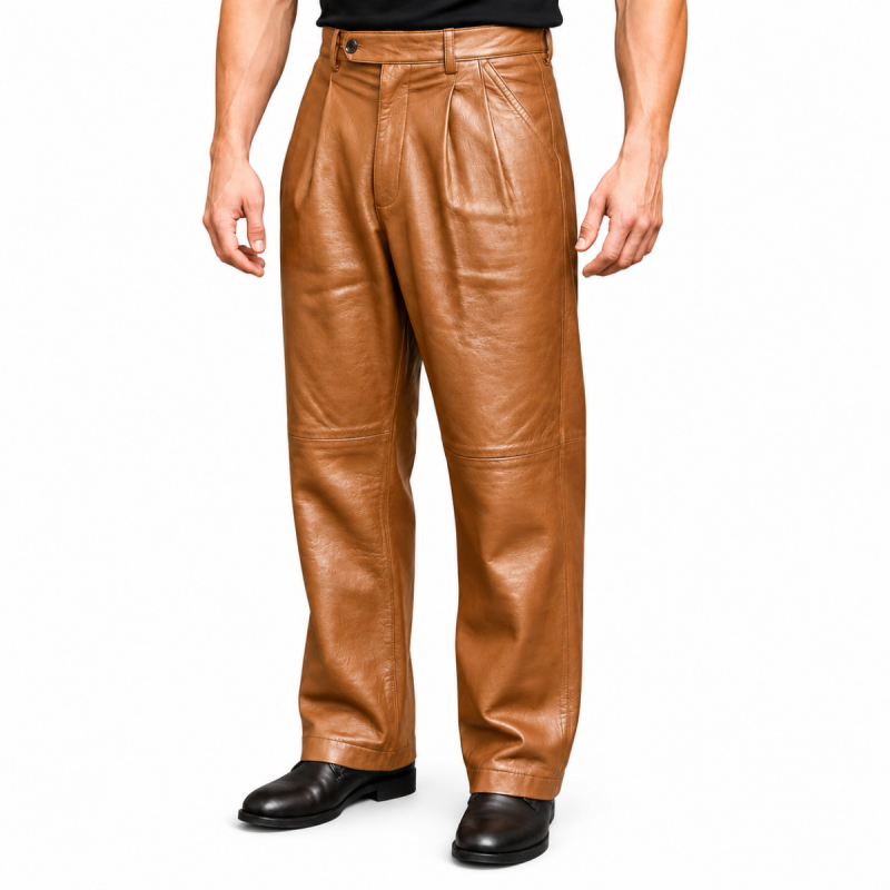 Pantalón de cuero color habana vintage con pinzas para hombre - Vista 4