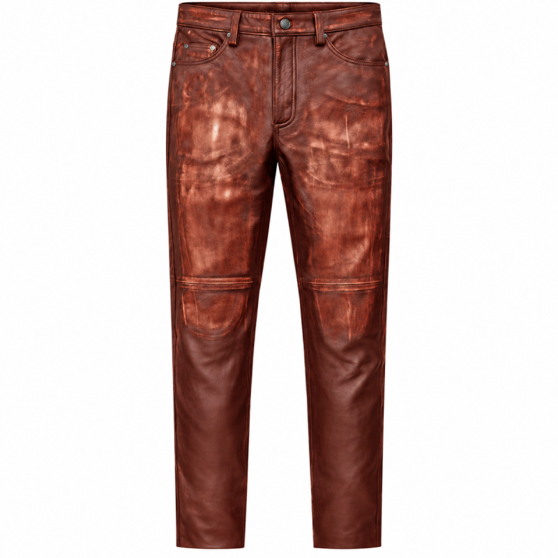 Pantalón motero de cuero marrón envejecido vintage para hombre - Vista 7
