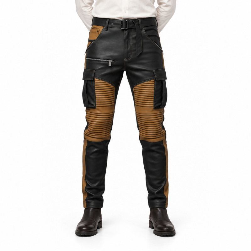 Men's Black and Tan Ribbed Cargo Leather Pants - front view