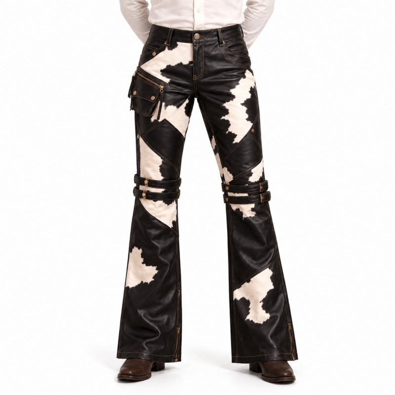 Men's Black and White Western Buckle Leather Pants - front view