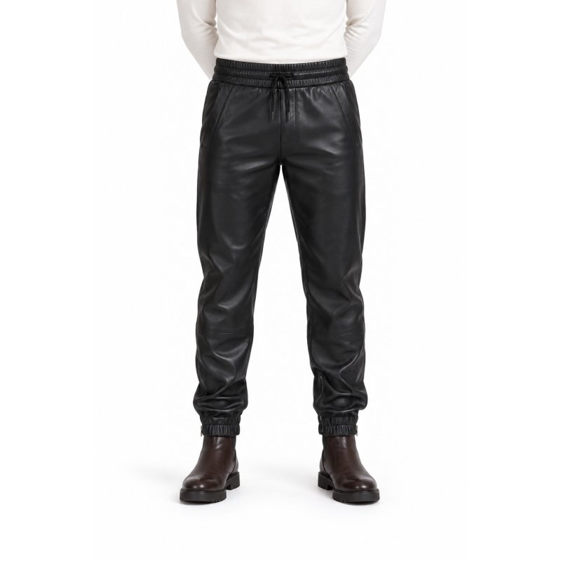 Men's Black Drawstring Leather Joggers - front view