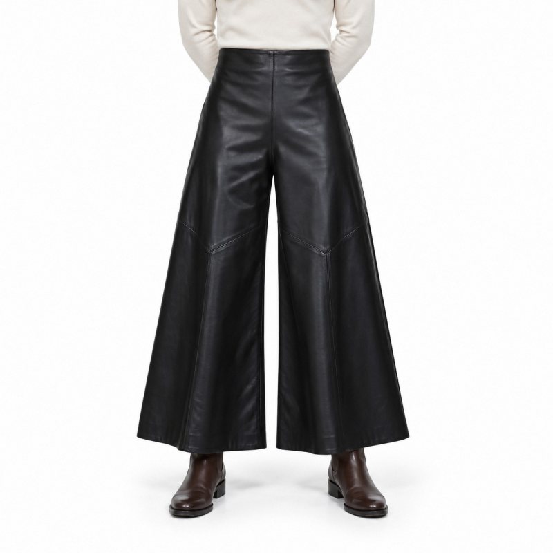 Men's Black High-Waist Wide-Leg Leather Pants - front view