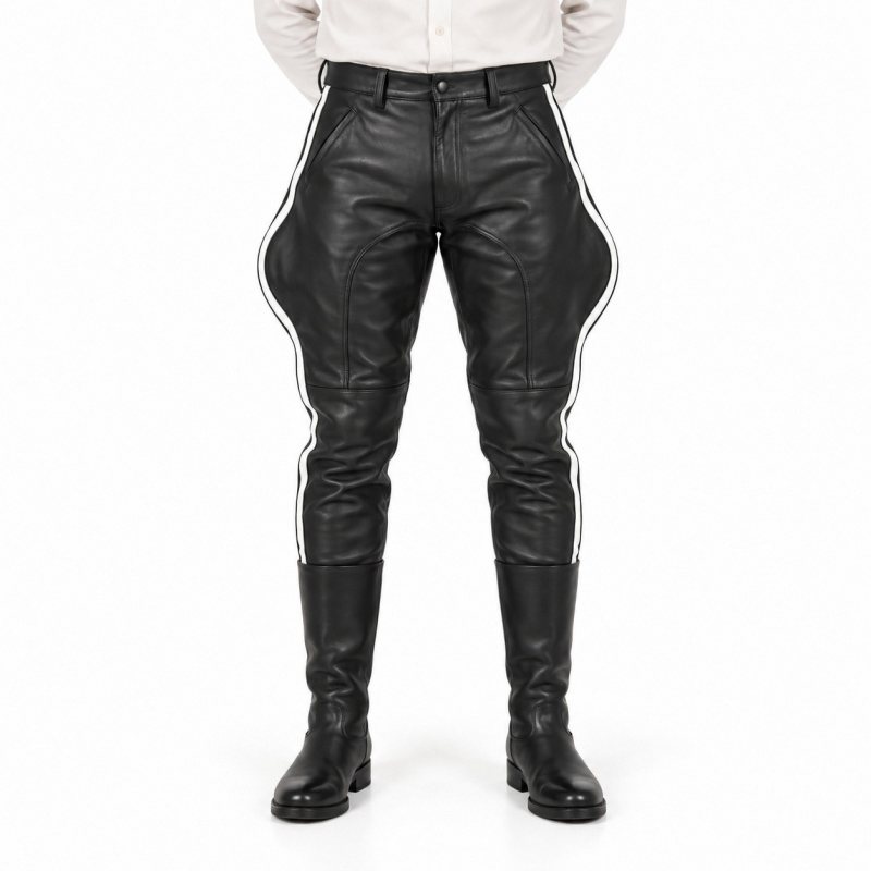 Men's Black Leather Breeches with Double White Side Stripes - front view