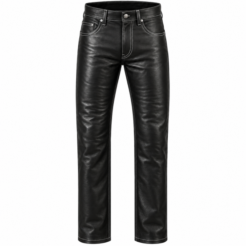 Pantalón de cuero negro de pernera recta con costuras en contraste para hombre - Vista 5