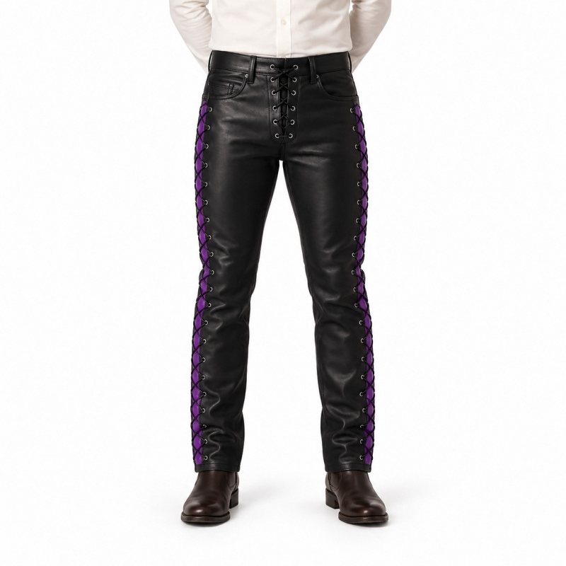Men's Black Leather Pants with Purple Side Lacing - front view