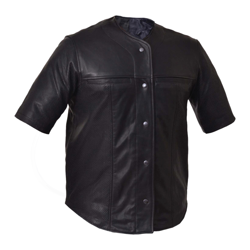 Camisa de piel de cordero negra perforada de manga corta para hombre - Vista 2