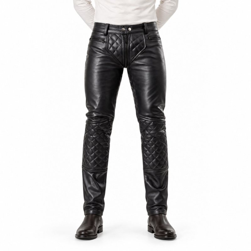 Men's Black Quilted Rear-Zip Leather Pants - front view