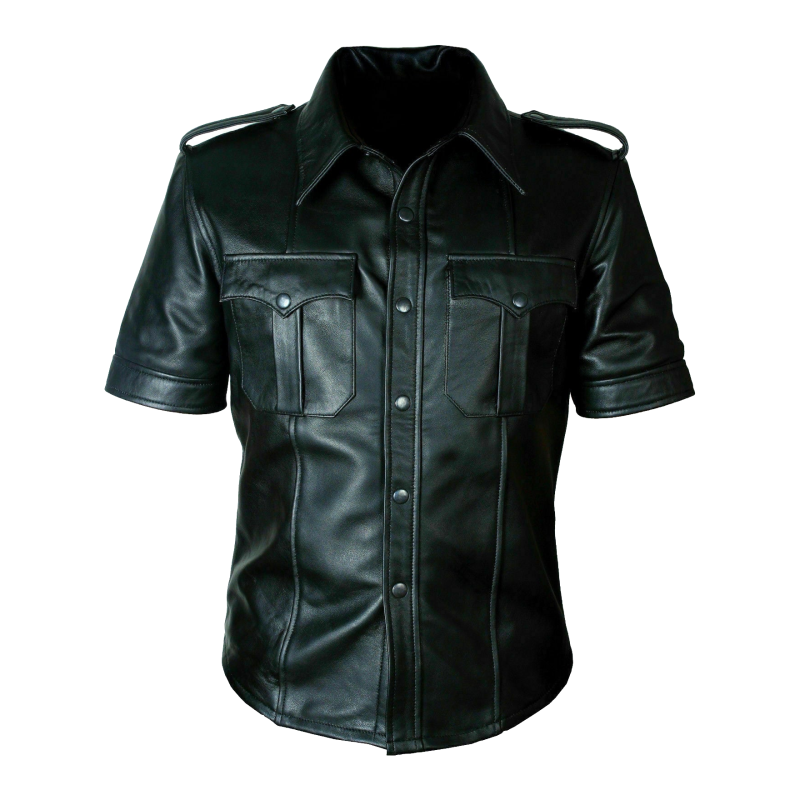 Camisa de piel de oveja negra de manga corta con hombreras para hombre - Vista 2