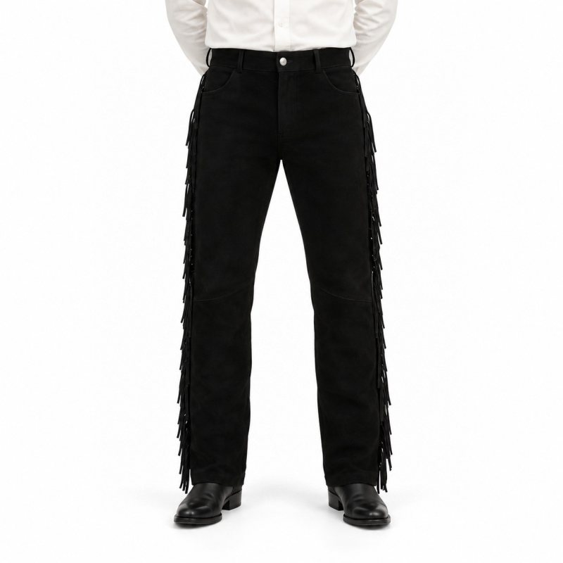 Men's Black Suede Fringe Leather Pants - front view