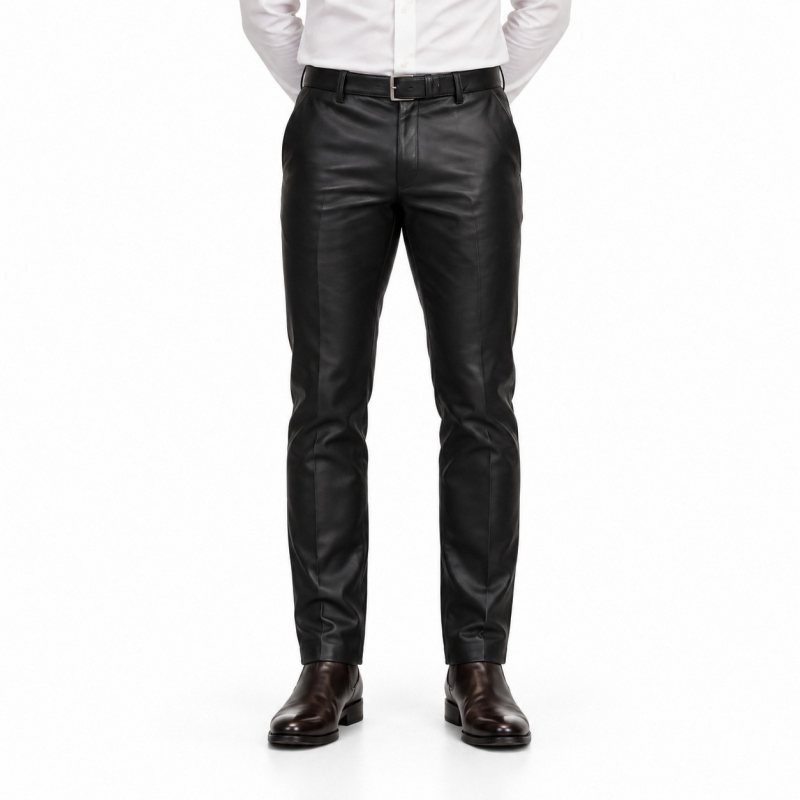 Men's Black Tailored Slim-Fit Leather Trousers - front view
