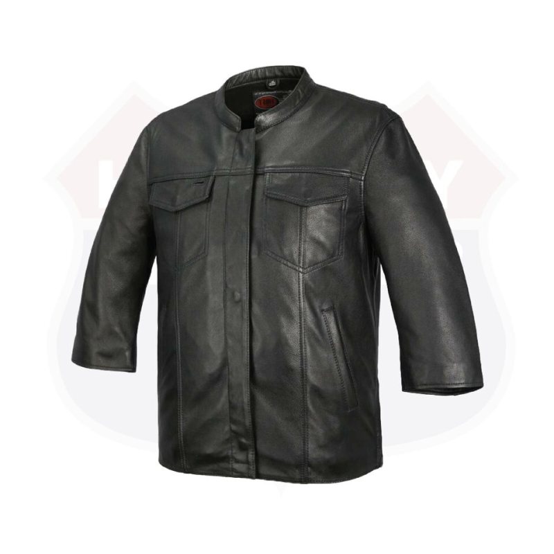 Sobrecamisa de piel de oveja negra con manga tres cuartos para hombre - Vista 2