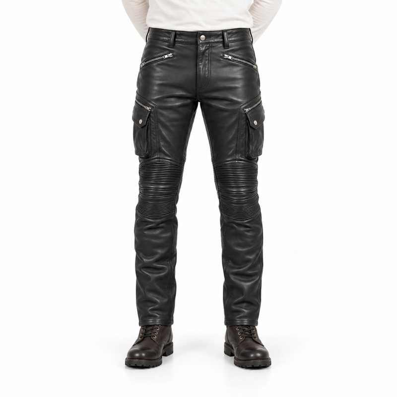 Men's Black Zip-Pocket Leather Cargo Biker Pants - front view
