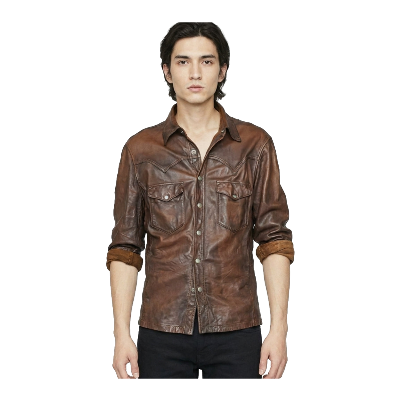 Camisa de cuero marrón con bolsillos de pecho con solapa para hombre - Vista 2