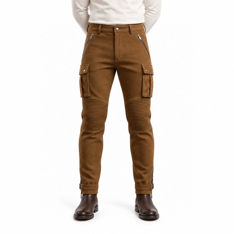 Men's Brown Suede Ribbed Cargo Leather Pants - front view