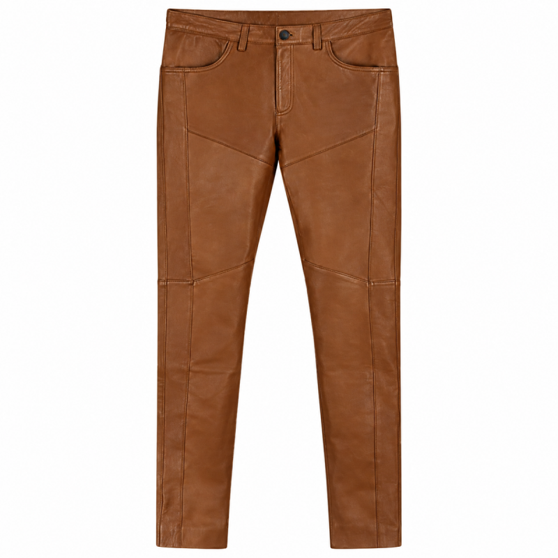 Pantalón de cuero marrón coñac con paneles para hombre - Vista 8