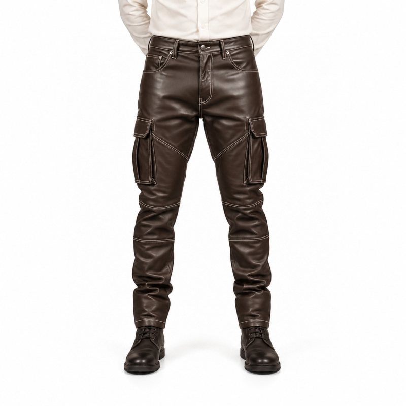 Men's Dark Brown Contrast-Stitch Leather Cargo Pants - front view