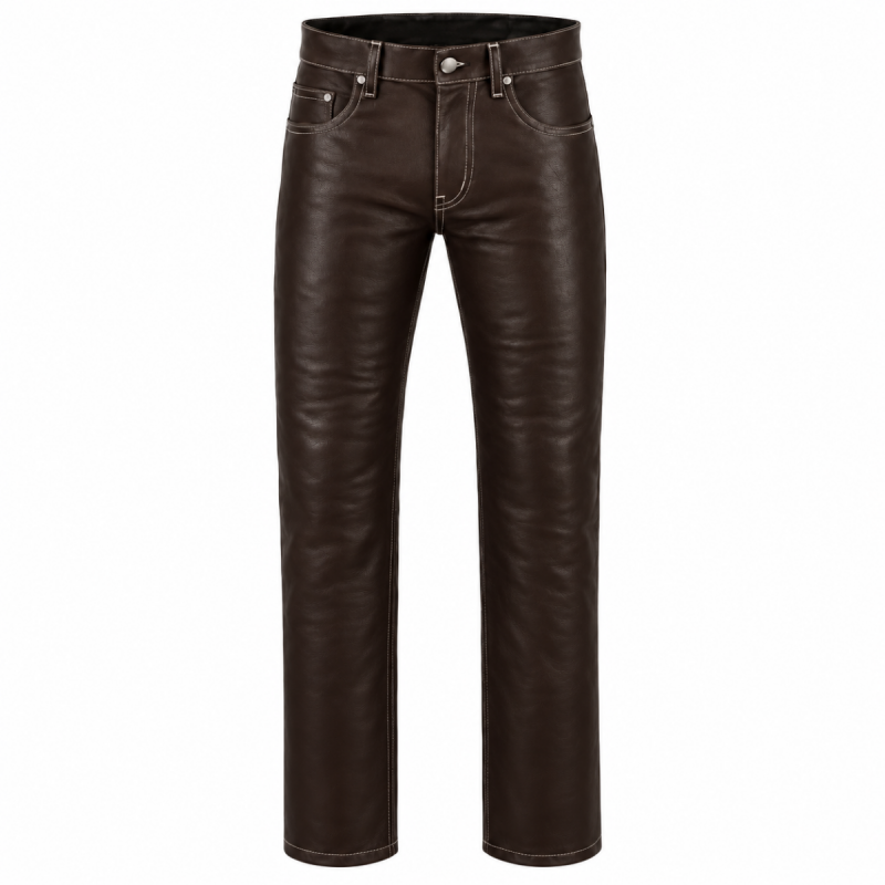 Pantalón de cuero marrón oscuro de pernera recta con costuras en contraste para hombre - Vista 6