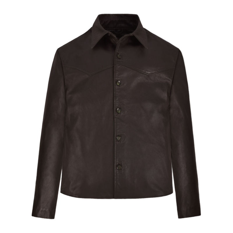 Sobrecamisa de piel de oveja marrón oscuro con canesú Western para hombre - Vista 2