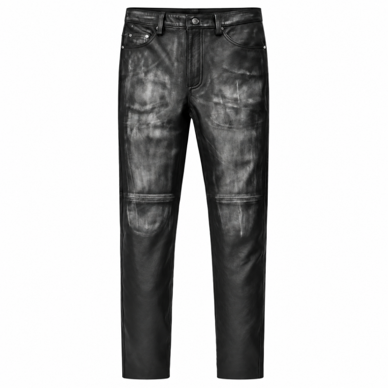 Pantalón vaquero de cuero gris carbón envejecido vintage para hombre - Vista 9