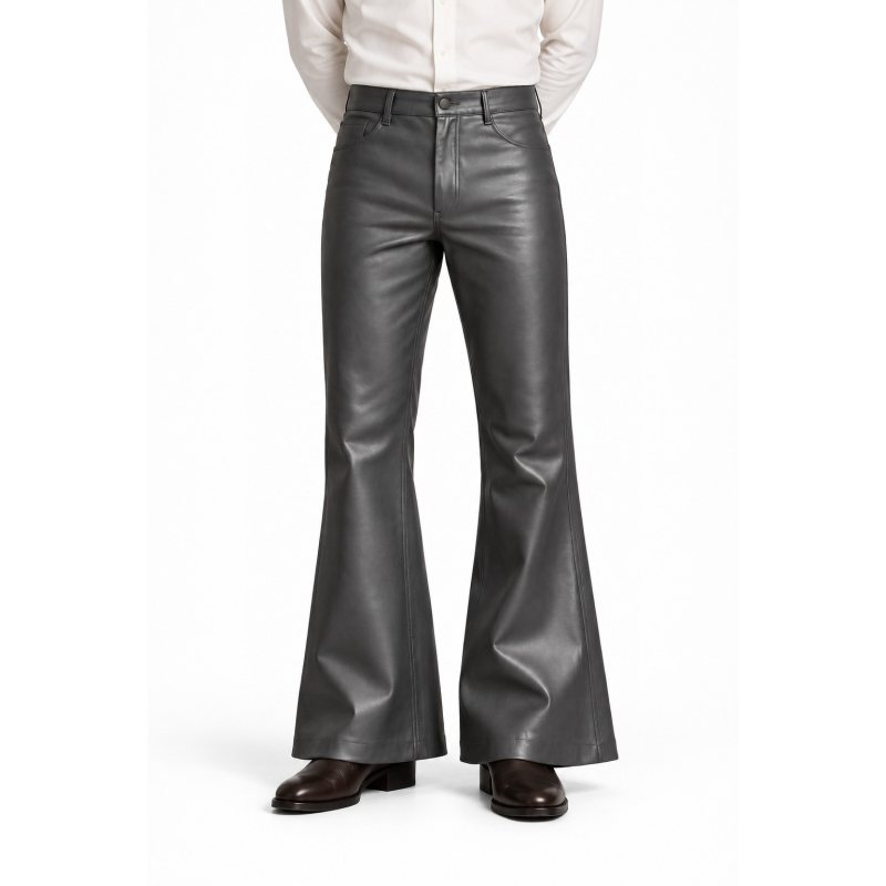 Men's Grey Flared Leather Pants - front view