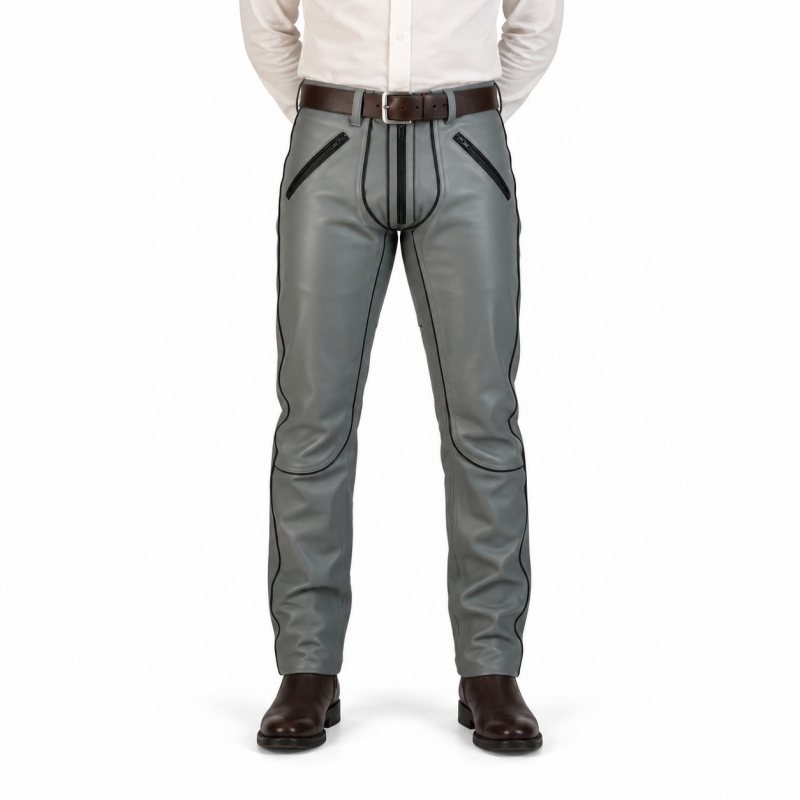 Men's Grey Leather Pants with Black Piping - front view