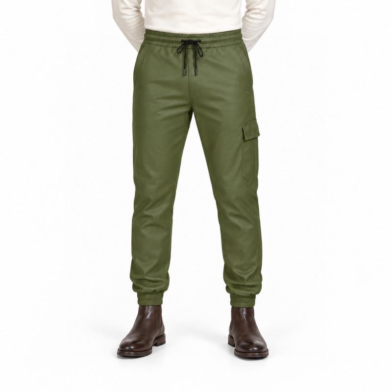 Men's Olive Green Cargo Leather Joggers - front view