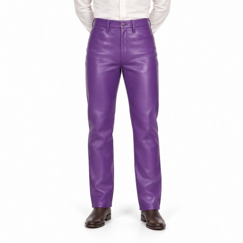 Men's Purple Straight-Leg Leather Pants - front view