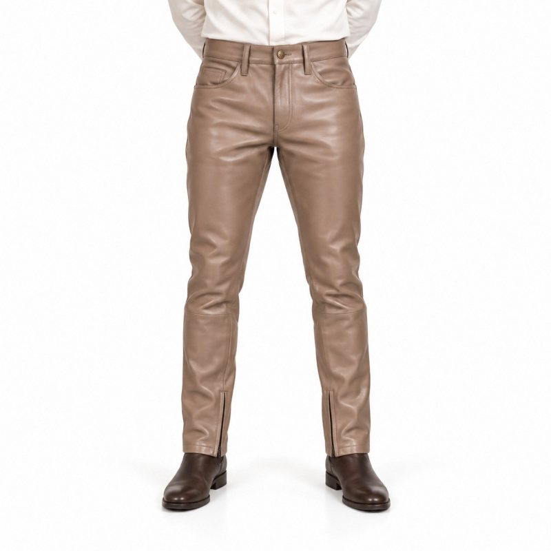 Men's Taupe Brown Leather Jeans with Ankle Zips - front view