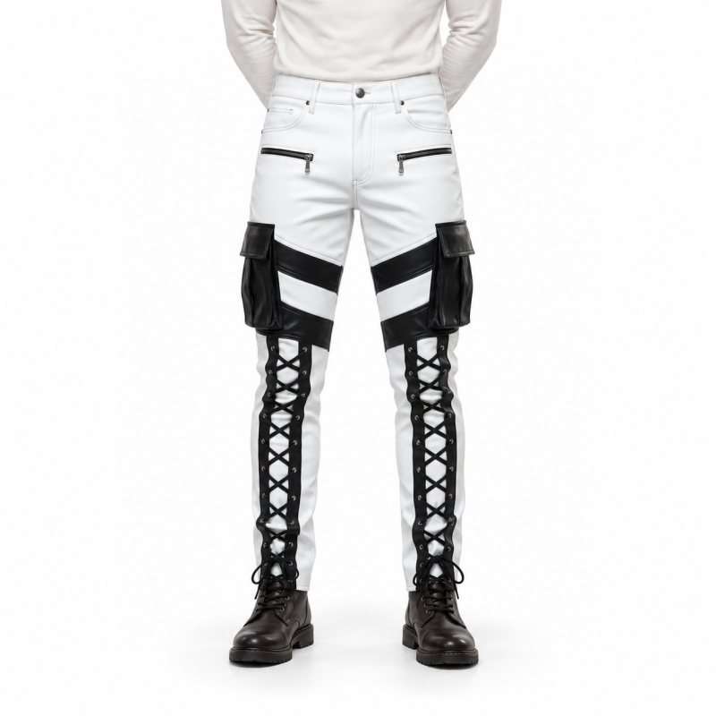Men's White and Black Lace-Up Leather Cargo Pants - front view