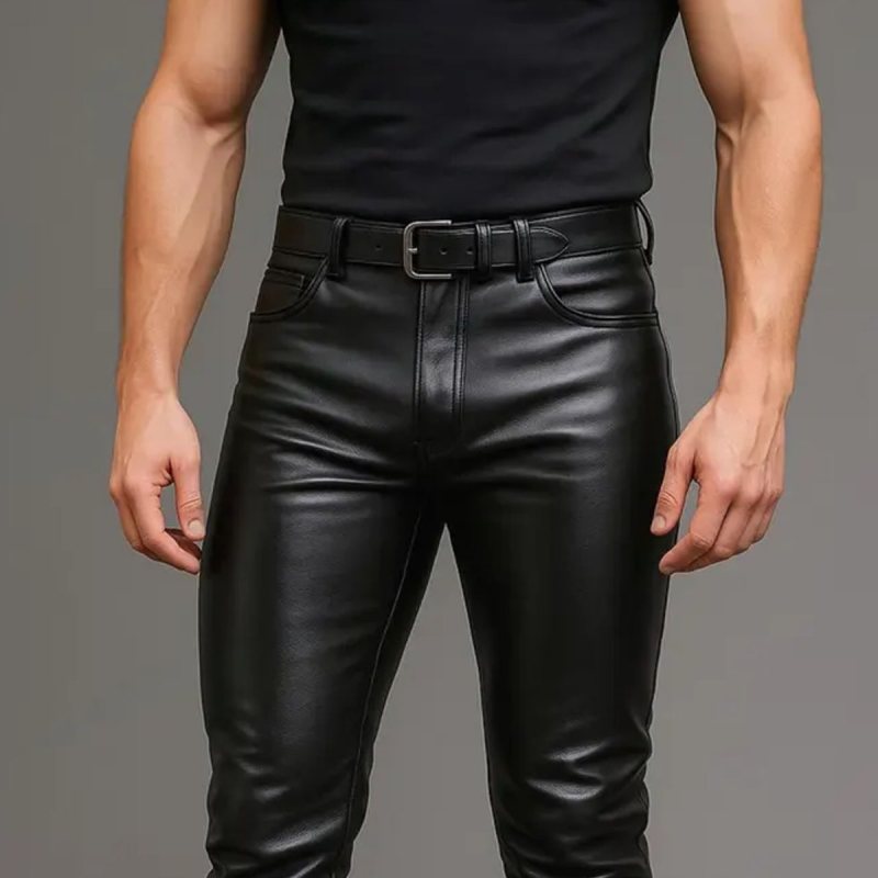 Pantalones de motorista de piel de oveja negra para hombre - Vista 11