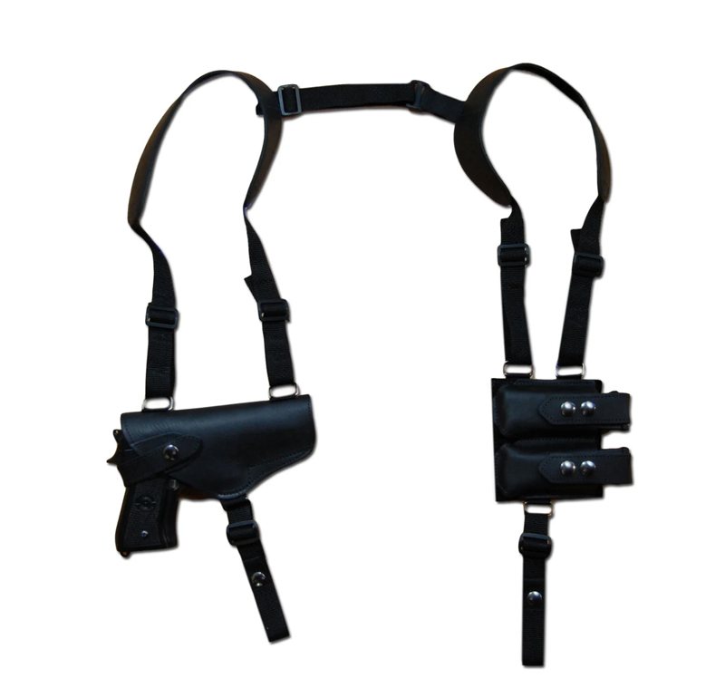 Funda de hombro horizontal de cuero negro con portacargador doble y arnés de cinta - Vista 11